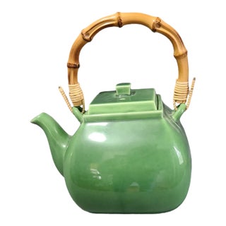 Late 20th Century Pottery Barn Green Teapot Bamboo Handle Ceramic Asian Square Japan For Sale