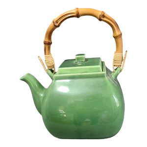 Late 20th Century Pottery Barn Green Teapot Bamboo Handle Ceramic Asian Square Japan