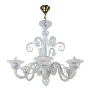 Vintage Opaline Glass 6 Arm Murano Style Up & Down Curls Chandelier For Sale