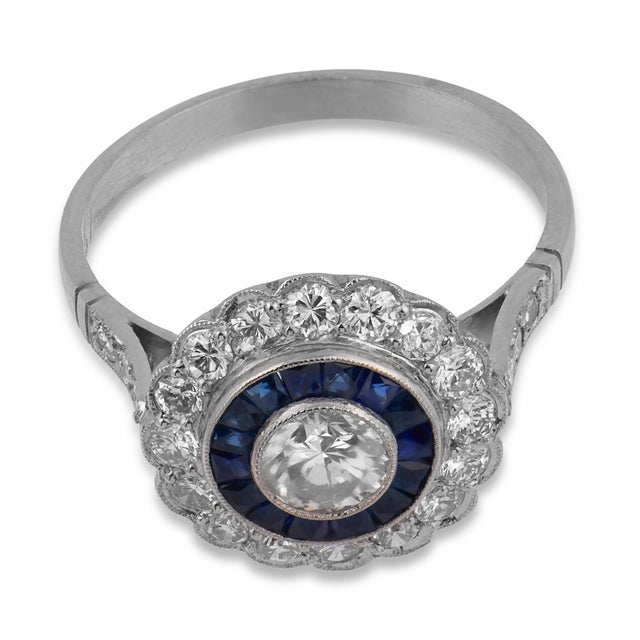 Contemporary Early 20th Century Art Deco Inspired Diamond Sapphire Cluster Platinum Ring, Size 6.5 For Sale - Image 3 of 6