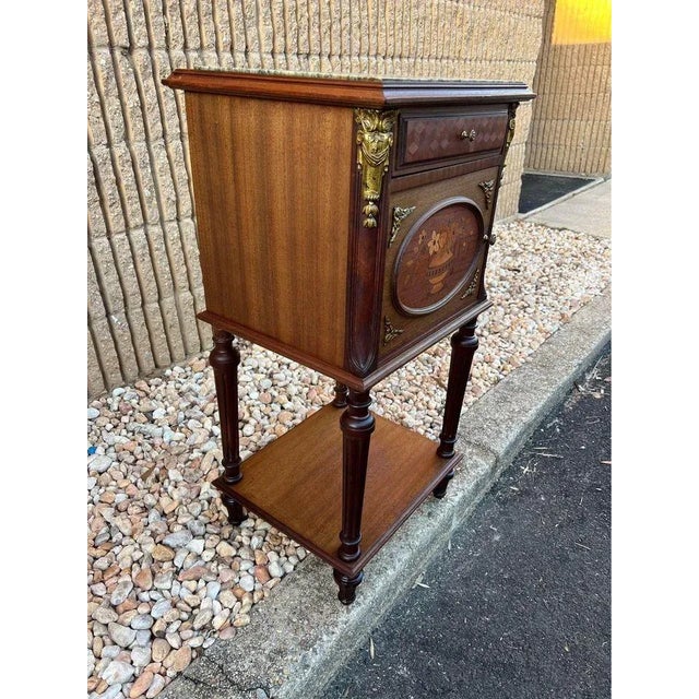 Pair Louis XVI Style Ormolu Mounted Marquetry Mahogany Marble Top Bedside Tables, 19th Century For Sale In Washington DC - Image 6 of 12