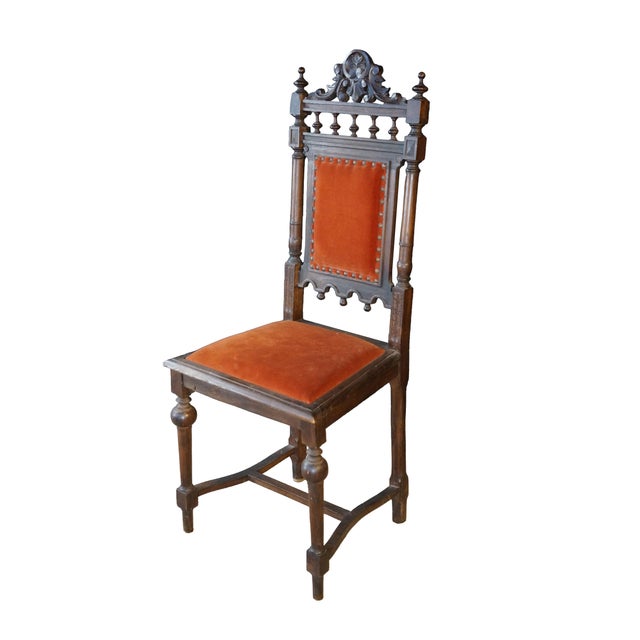 Victorian 6 Antique Renaissance Revival Carved Walnut High Back Velvet Dining Chairs For Sale - Image 3 of 18