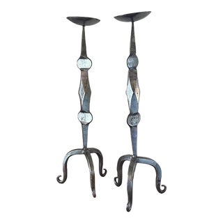 Vintage Hand Forged Iron Candle Holders- a Pair For Sale