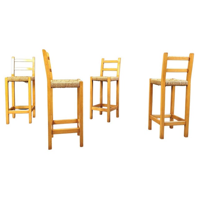 Vintage Oak and Papercord Bar Stools, 1960s, Set of 4 For Sale - Image 15 of 15