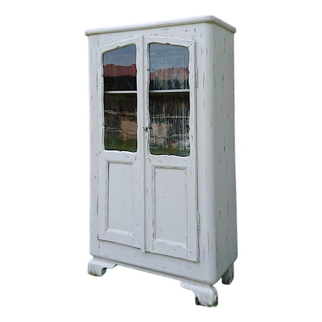Antique Wooden Display Cabinet with Original Beveled Glass and Lived-in Patina, 1890s For Sale
