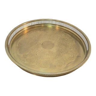 Mid-Century Large Brass Pierced Gallery Serving Tray For Sale