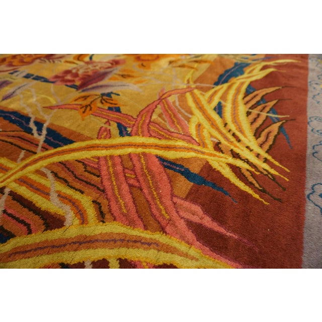 1920s Ivory Scenic Floral Antique Chinese Art Deco Rug 8'10" X 11'6" Handknotted Wool Carpet For Sale - Image 15 of 18