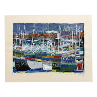 Michel Godjevac, View of the Port of Saint-Tropez, 1982, Acrylic Painting on Paper For Sale