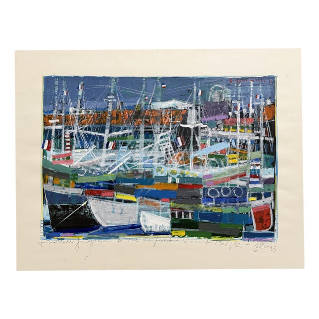 Michel Godjevac, View of the Port of Saint-Tropez, 1982, Acrylic Painting on Paper For Sale