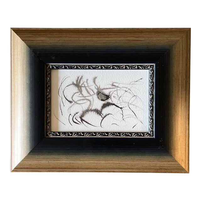 Contemporary Original Abstract Small Ink Painting Wide Frame For Sale