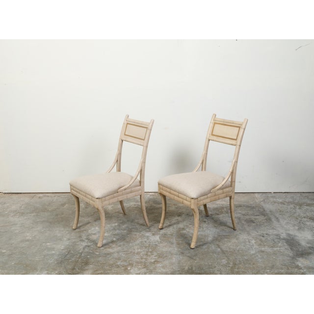 Pair of Midcentury Faux Bamboo Side Chairs with Saber Legs and New Upholstery For Sale - Image 9 of 11