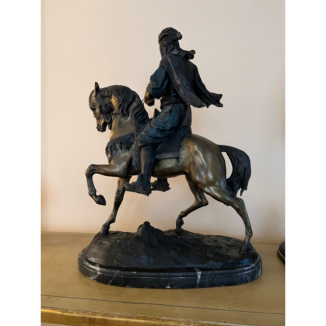 Metal Vintage Bronze Figure of Horse & Rider “Cavalier Arabe” on Marble Signed Bayre For Sale - Image 7 of 11