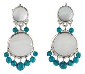 Christian Dior Silvered Metal Clip Earrings with Mother of Pearl and Turquoise