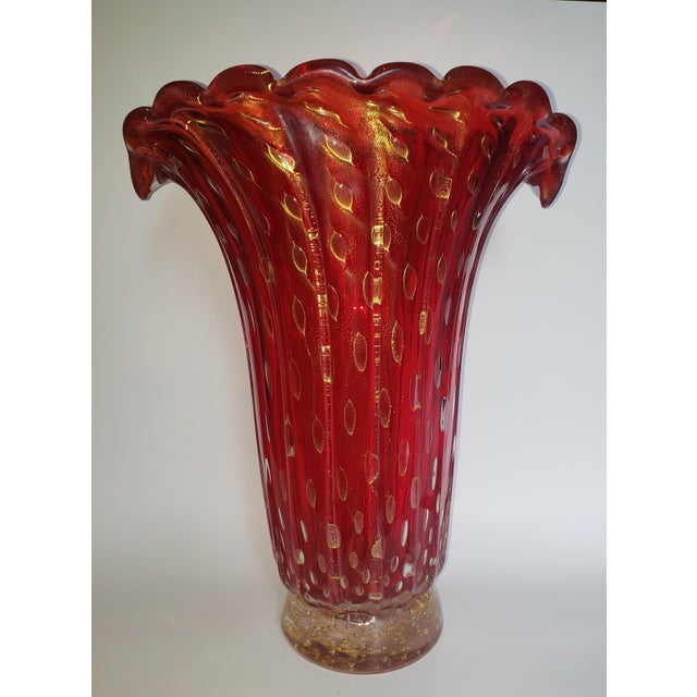 Gorgeous, large vintage Murano ruby red glass vase. I am unsure of maker, but likely Barovier/Toso design and swirl....