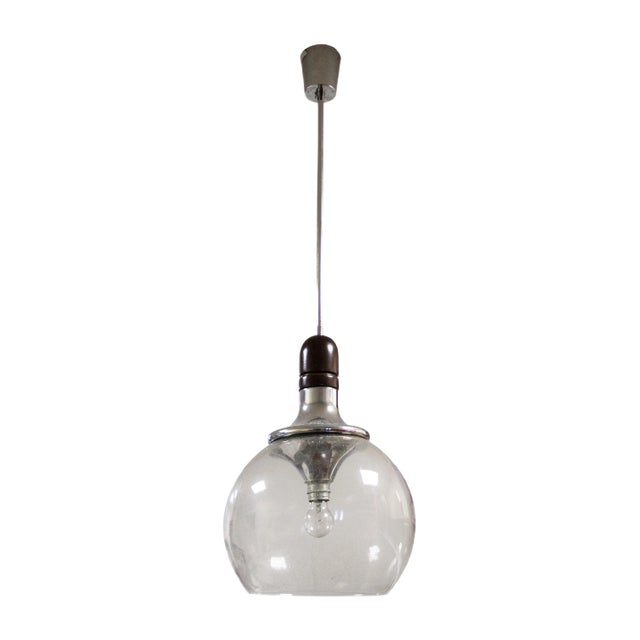 Italian Chromed Wood Glass Ceiling Lamp, Italy, 1970s For Sale