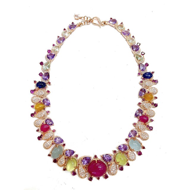 Bochic "Capri" Vintage Natural Red Ruby & Fancy Color Multi Gem Necklace Set in 18K & Silver Elegant and Classic Italian...