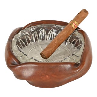 Curved Nova Ashtray in Brown Leather and Cut Crystal from Tecno, Italy, 1950s For Sale