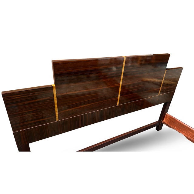 Brass 1930s Italian Art Deco Burl Maple and Rosewood Waterfall Queen Bed For Sale - Image 8 of 12