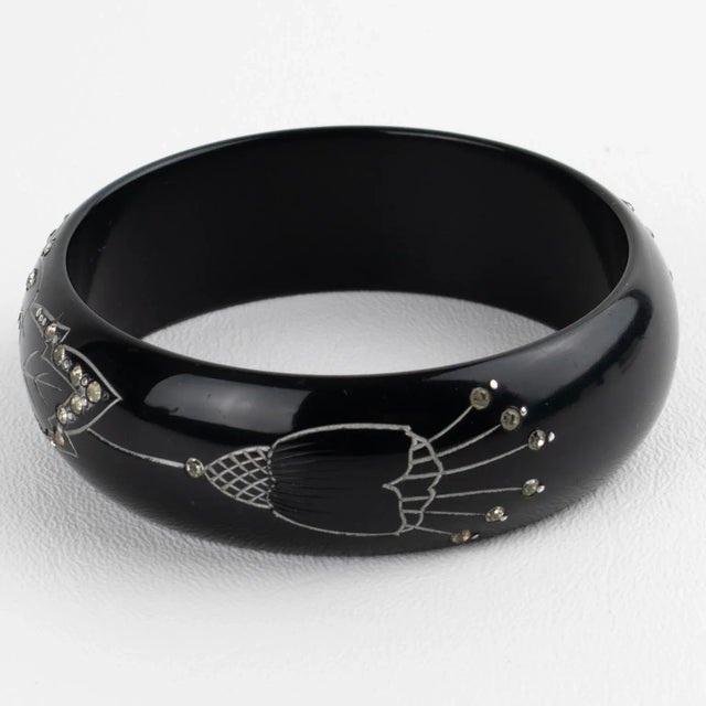 Art Deco Art Deco Black Galalith Jeweled Bracelet Bangle With Carved Floral Design For Sale - Image 3 of 10