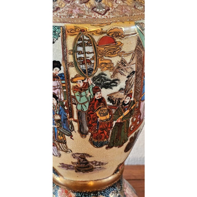 Vintage Royal Satsuma Hand-Painted Porcelain Urn Vase With Moriage & Gilt Handles For Sale - Image 13 of 17