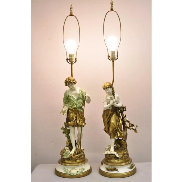 Vintage French Renaissance L.F. Moreau Cast Spelter Metal Boy and Girl Figural Table Lamps in White, Gold, and Blue - a...