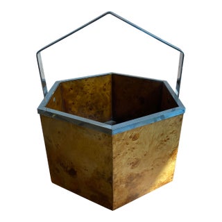 1970s Modernist Hexagonal Burl Olive Wood Chrome Handle Basket For Sale