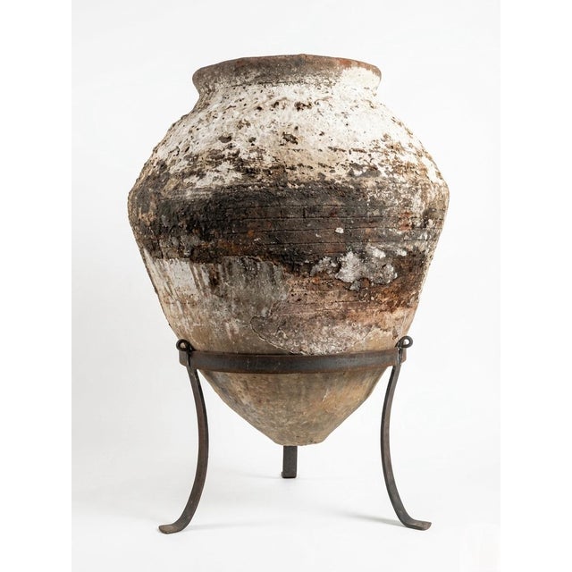 Mediterranean 1930s Greek Terracotta Olive Oil Jar on Custom Wrought Iron Stand For Sale - Image 3 of 9