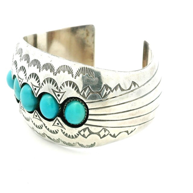 Tiffany Blue Vintage Navajo Sterling Silver Turquoise Cuff Bracelet Signed P.Benally For Sale - Image 8 of 9