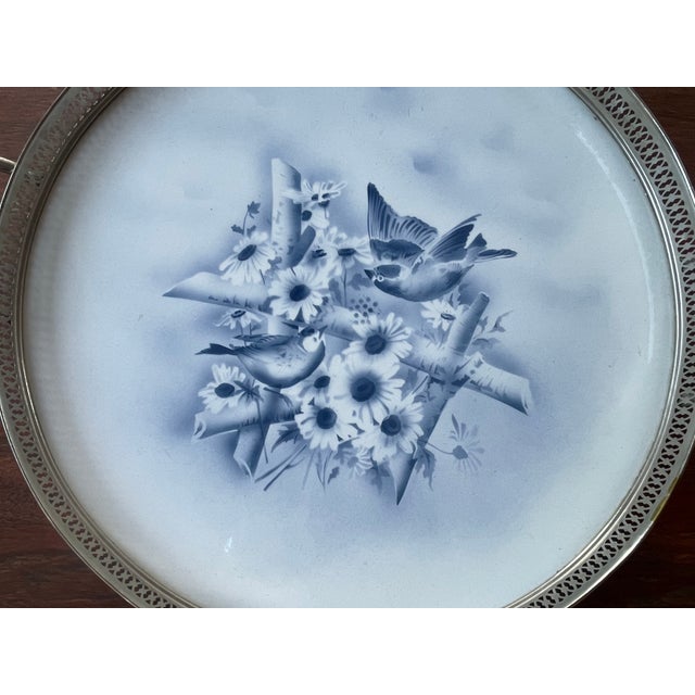 Art Deco Antique German Theodor Paetsch Porcelain Spritzdekorin Air Brush Lilies Birds Serve Tray For Sale - Image 3 of 9