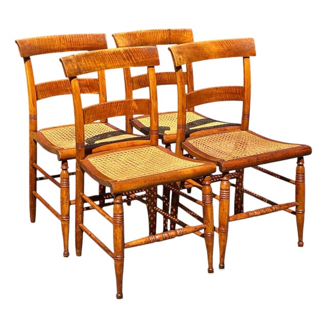 Antique Set of Four Tiger Maple Federal Period Dining Chairs For Sale