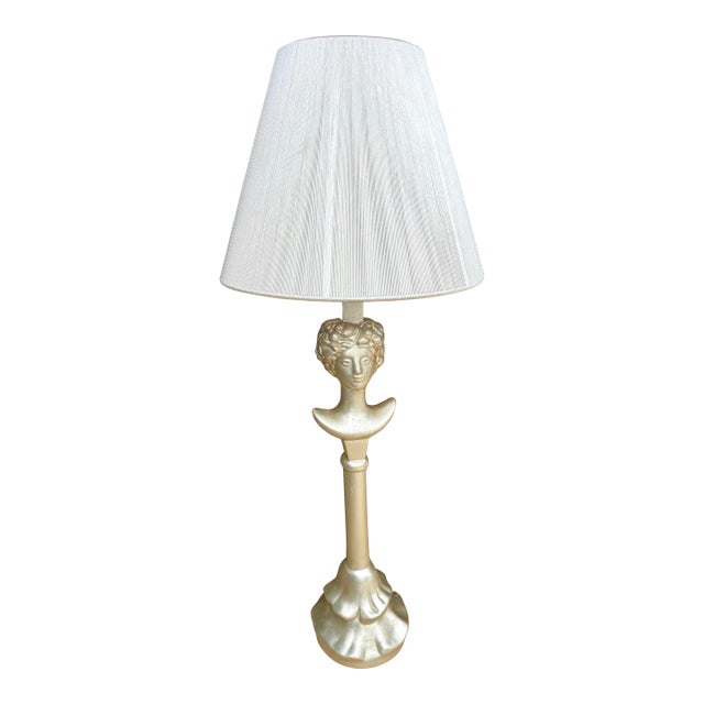 Mid 20th Century Rare Sirmos “Tête De Femme” Figural Table Lamp in the Style of Diego Giacometti With Original Silk String Shade For Sale