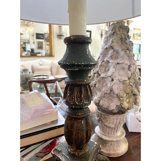 18th Century Old World Carved Baroque Influence Candlestick Lamp For Sale - Image 4 of 4