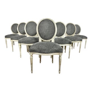 French Vintage Louis XVI Style Medallion Back Reupholstered Dining Chairs - Set of 8 For Sale