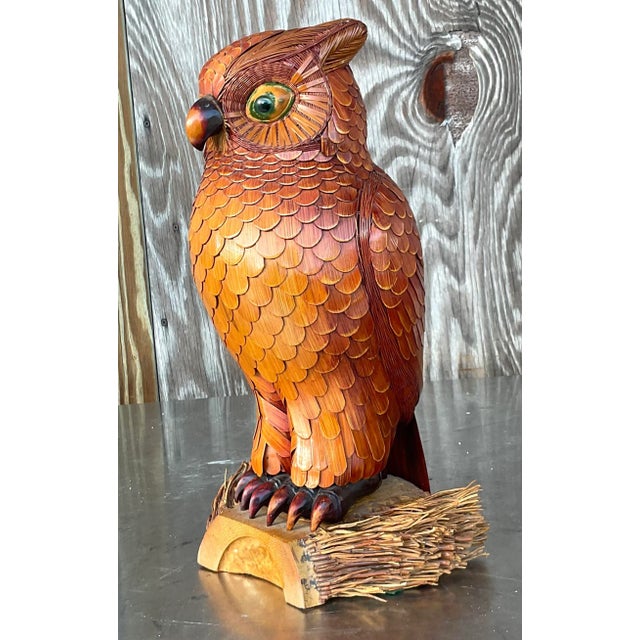 Late 20th Century Vintage Coastal Wood and Rattan Owl For Sale - Image 5 of 8