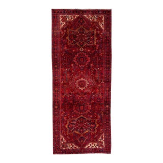 Antique Persian Heriz Red Handmade Wool Runner With Allover Pattern For Sale