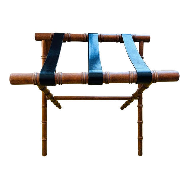 Late 20th Century Vintage Faux Bamboo and Leather Folding Luggage Rack For Sale