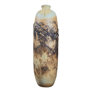 Vintage Monumental Brutalist Sculptural Beige Ceramic Vase, Signed For Sale