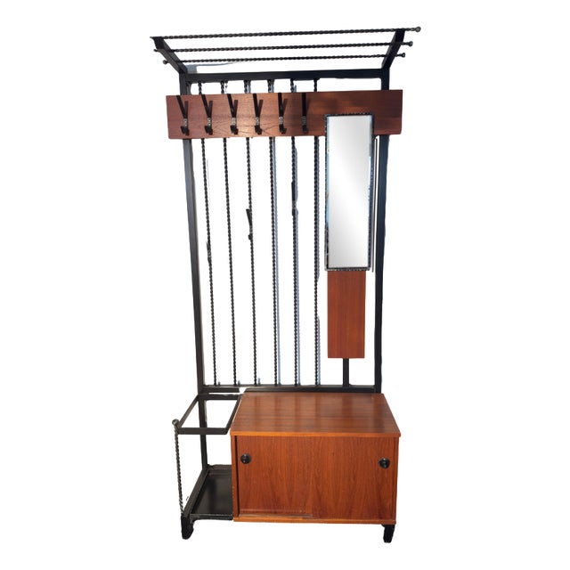 Teak Hall Coat Rack with Storage and Mirror, Belgium, 1960s For Sale