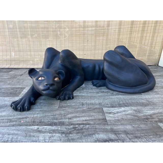 Large Hollywood Regency Black Panther Sculptural Base Coffee Table. Circa 1970s Features a hollow fiberglass panther base...