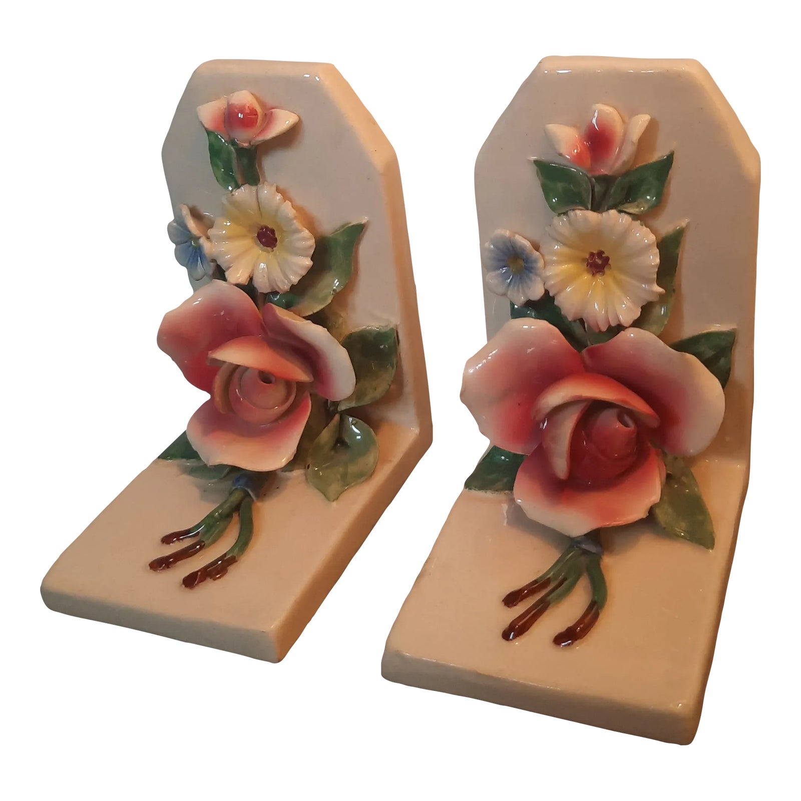 Late 20th Century Capodimonte Italian Floral Porcelain Bookends- a Pair ...