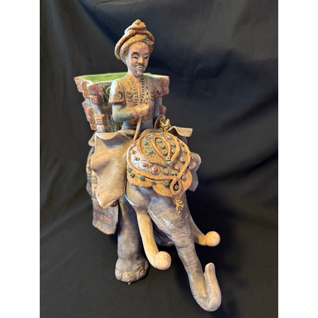 Hollywood Regency Vintage Ceramic Elephant Cachepot Planter With Mahout Rider For Sale - Image 3 of 8