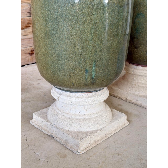 Ceramic Large Green Drip Glaze Ceramic Planters on Cast Stone Pedestals-Pair For Sale - Image 7 of 12