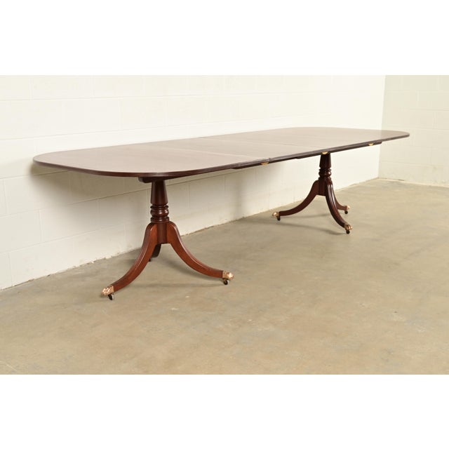 Baker Furniture Company Baker Furniture Style Georgian Banded Mahogany Double Pedestal Extension Dining Table, Newly Refinished For Sale - Image 4 of 14