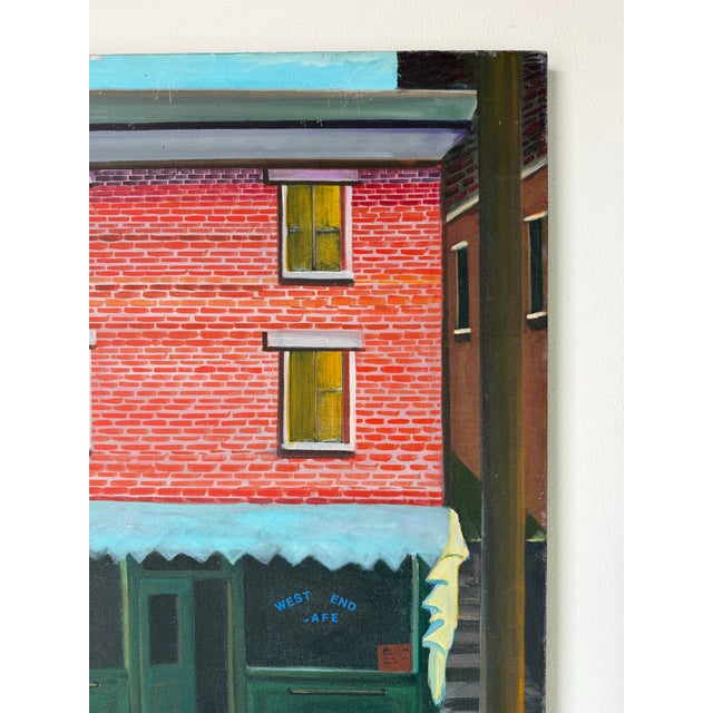1980’s j.d. Fotopoulos “West End Cafe” Urban Streetscape Oil on Canvas – Unframed For Sale - Image 11 of 12