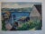 Fabulous midcentury watercolor landscape painting of a deep blue bay harbor or cove inlet built up around wooden work shed...