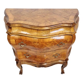 Vintage Italian Venetian Bombe Walnut Olivewood Chest Night Stand Commode For Sale