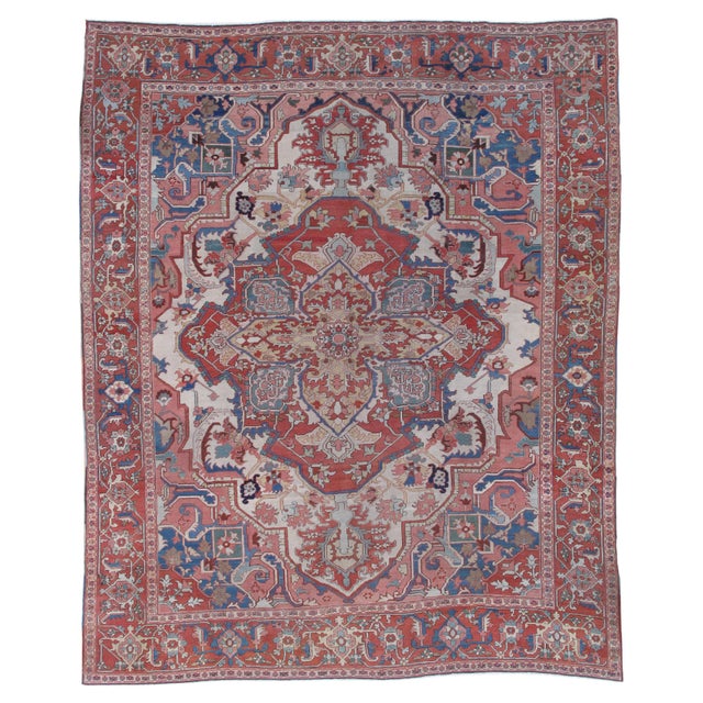 Antique Persian Heriz Carpet Handmade Wool Oriental Rug, Light, Pink, Light Blue For Sale - Image 15 of 18