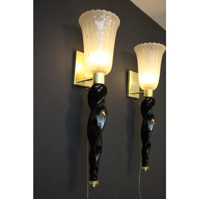 1990s Gold and Black Murano Glass Sconces in the style of Barovier, 1990, Set of 2 For Sale - Image 5 of 17
