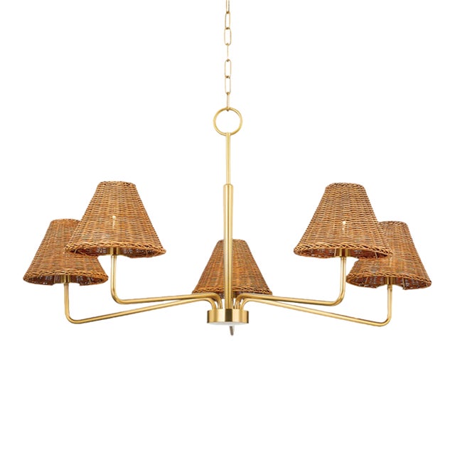 Mitzi Issa 6-Light Chandelier with Rattan Shades, Aged Brass For Sale