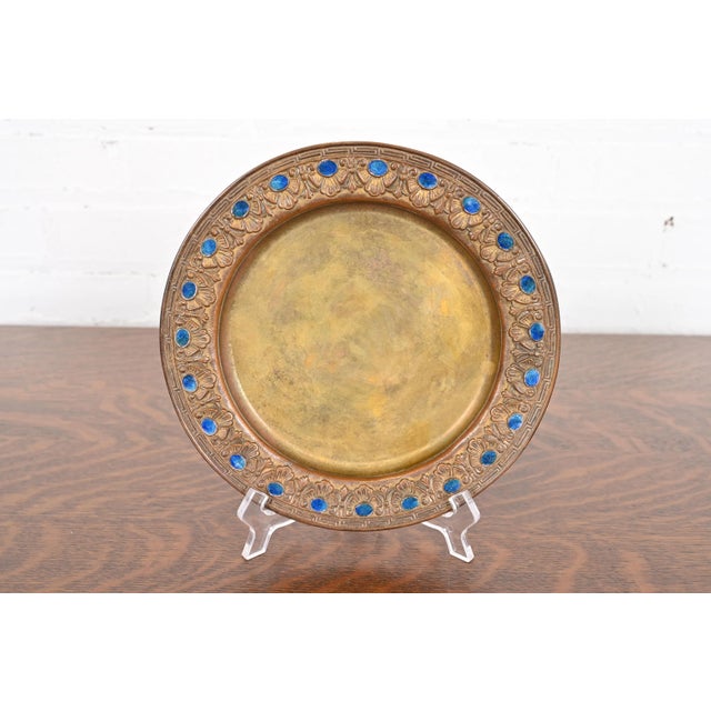 A gorgeous Arts & Crafts or Art Deco period gilt bronze plate with enameled jewel decoration By Louis Comfort Tiffany...